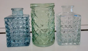 3 DIAMOND POINT DECORATIVE BOTTLES TEAL GREEN AND CLEAR 3.5 AND 4 INCHES - Picture 1 of 12