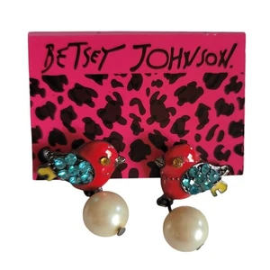 Pendientes colgantes vintage Betsey Johnson pájaro imitación perlas estrás tachuelas post diversión - Imagen 1 de 3