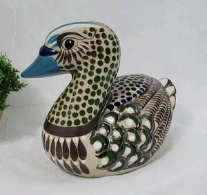 Vintage Tonala Mexico Folk Art Pottery Large Duck Hand Painted Artist Signed 8" - Picture 1 of 14
