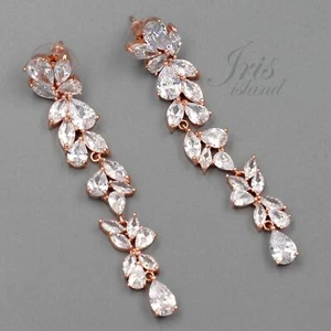 Long ROSE GOLD Plated Cubic Zirconia Drop Dangle Earrings Wedding Bridal Gift 97 - Picture 1 of 4