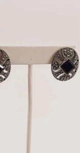 JUDITH JACK Sterling Silver Onyx Earrings Omega Back 11g Signed Vintage Jewelry - Picture 1 of 3