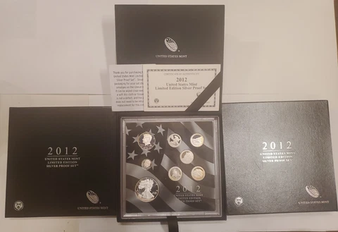2012 Limited Edition Silver Proof Set Black Box & COA 7 Coins and Silver Eagle Cover