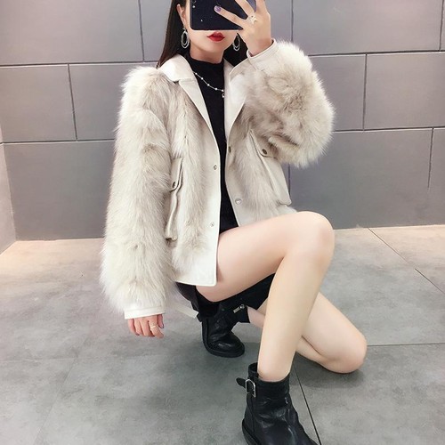 OFF WHITE Giacca donna moda pelliccia di volpe sintetica corta pelle PU cuciture cappotti outwear taglia