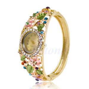 NEW Fashion Women Bangle Crystal Flower Bracelet Analog Quartz Watch Wrist Watch