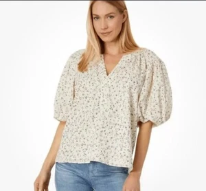 Vince Camuto Blouse Women's Sz M Cream W/ Black Gold Detail Raglan Puff Sleeve - Picture 1 of 11