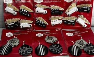 21 Holiday Time Mini Ornaments Black White Cars W/ Trees & Circle Disk Bulbs - Picture 1 of 6