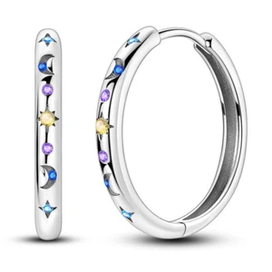 MULA Original 925 Sterling Silver Star Moon Large Hoop Earrings AAA CZ For Women - Picture 1 of 5