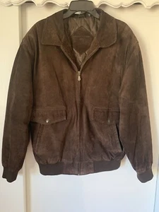 Roundtree & Yorke Pig Suede Leather Bomber Jacket Mens Size L Brown Zip Coat - Picture 1 of 21