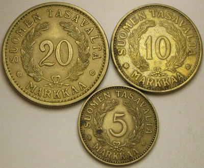 FINLAND 5 Markkaa 1934 S, 10 Markkaa 1930 S & 20 Markka 1936 S - 3 Coins - 3660* - Image 1 of 2