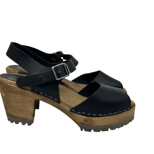 MIA Anja Swedish Clog Sandals Black Leather Peep Toe Women's size 8.5 (39) - Picture 1 of 11