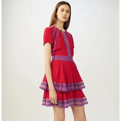 Mini Vestido Maje Rojo Púrpura Encaje Manga Corta Raglia Volantes Niveles 1/Pequeño EE. UU. Foto 1 de 4