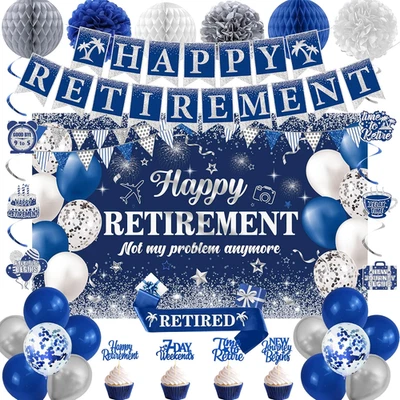 Decoraciones de fiesta de jubilación para hombres mujeres, 32 piezas azul plata feliz jubilación P Foto 1 de 4