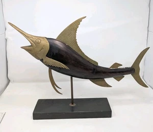 Vintage Mid Century Frederick Cooper Carved Wood & Brass Marlin Fish Sculpture - Picture 1 of 19