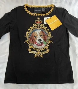 Michael Simon Women’s Size Small Silk Beaded Embroidered Dog Sweater Black - Picture 1 of 16
