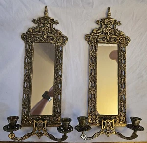 Vintage Pair Of Ornate Dolphin/Koi Brass Candle Sconces w/Mirrors Victorian - Picture 1 of 7