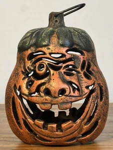 Vintage Rustic Cast Iron Jack O Lantern Pumpkin 2 Sided Candle Holder Halloween - Picture 1 of 6