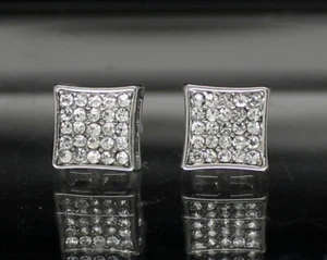 Mens Iced CZ Earrings 9mm Studs Push Back 14k Gold Plated Hip Hop Jewelry - Picture 1 of 7