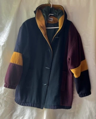 Abrigo De Colección Años 90 Mezcla de Lana Color Bloqueado De Gran Tamaño Verde Amarillo Granate Leslie Fay M Foto 1 de 4