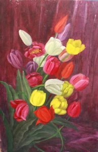 60`S REALIST OIL PAINTING STILL LIFE OF COLORFUL FLOWERS - Picture 1 of 12