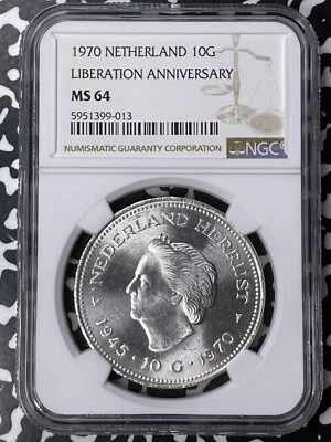 1970 Netherlands Liberation Anniversary 10 Gulden NGC MS64 Lot#MK116 Silver! - Image 1 of 3