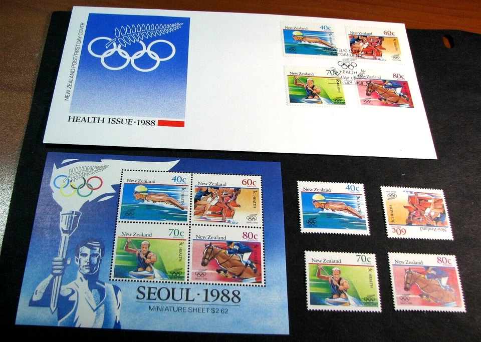 Estampilla de Nueva Zelanda Scott # B130-B133 Juegos Olímpicos de Verano - Cubierta y estampillas 1988 MNH L560 Foto 1 de 1