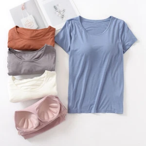 Lady Plain Shirt with Built in Bra Tee Crew Neck Loose Casual Short Sleeve Basic - Picture 1 of 20
