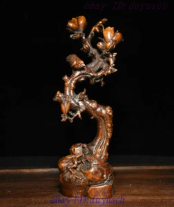 Old Chinese Folk Feng Shui Boxwood Wood Carved Lucky Magpie On plum Adorn Statue - Picture 1 of 12