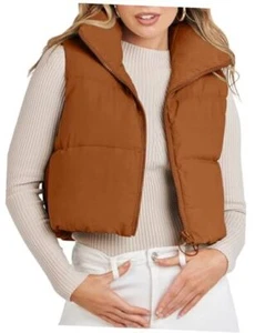 Women's Crop Puffer Vest Lightweight Stand Collar Sleeveless Zip Large Brown - Picture 1 of 7