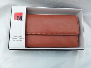 MUNDI HANDCRAFTED LEATHER LADIES CLUTCH WALLET LIGHT BROWN VTG NEW BOX DESIGNER - Picture 1 of 21