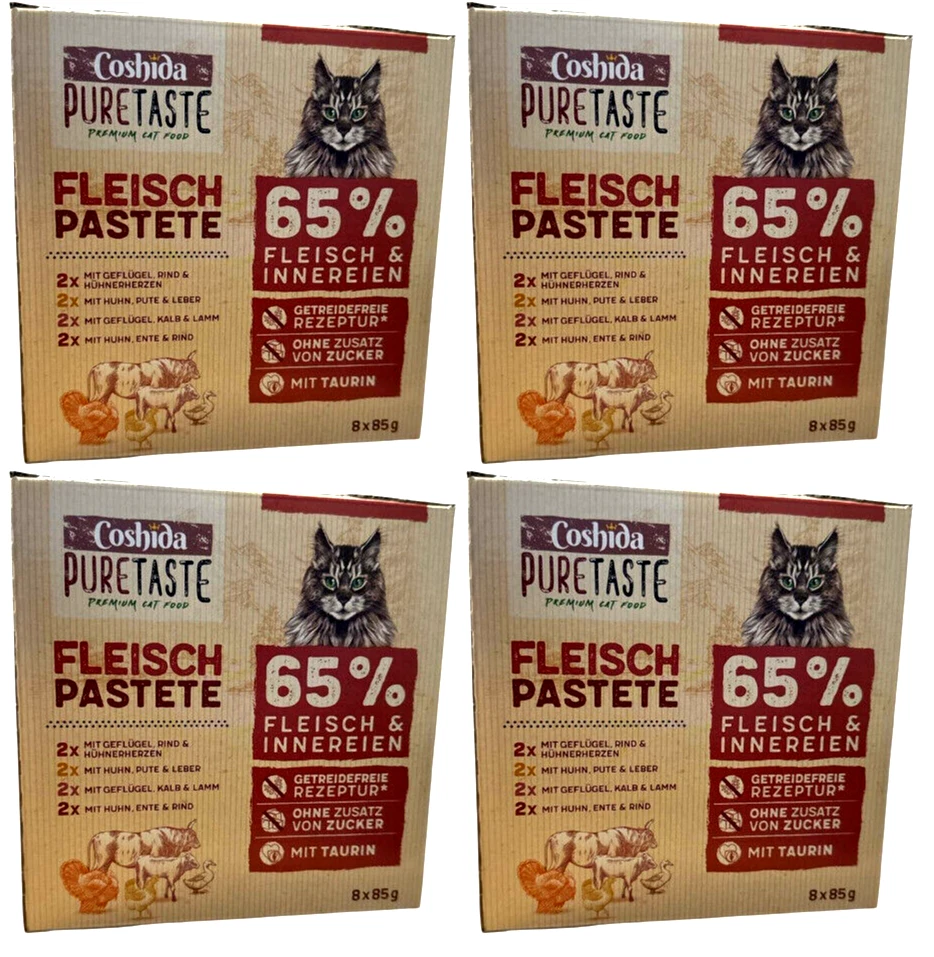 32x 85g Coshida Katzennahrung Fleisch Pastete Geflügel Rind Huhn Pute Lamm Kalb