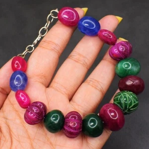 272 Cts Enhanced Ruby , Emerald & Sapphire 9 Inches Beaded Bracelet AK 22 E477 - Picture 1 of 3