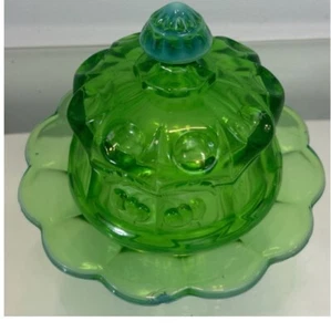 Green Opalescent Mosser Glass Cherry Thumbprint Butter Dish with Finial Lid - Picture 1 of 10
