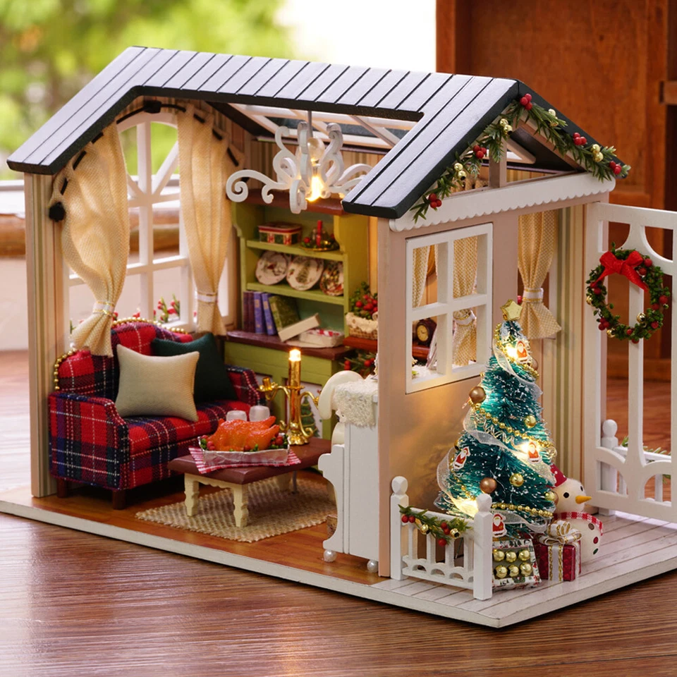 DIY Christmas Miniature Dollhouse Kit 3D Wooden House Furniture LED Light M2I5