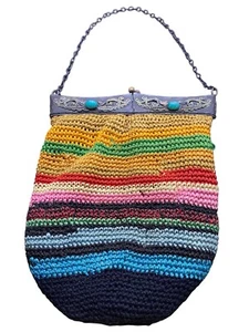 Antique Colorful Crocheted Pouch Purse with Scrolled Metal Hinge Frame Cabochons - Picture 1 of 9