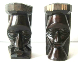 Jamaican Carved Tiki Heads 3.5" Male Female Figurines  Lot of 2 Signed - Picture 1 of 3