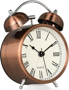 Reloj despertador vintage, sin tictac, mesita de noche silenciosa con dos cobre rojo - Imagen 1 de 7