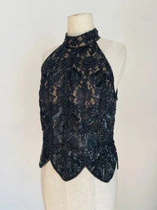 VTG Y2K Sequin Beaded Halter Top Black Nude Sheer Women’s Small Mesh Lace Chic - Picture 1 of 12