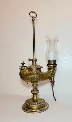 Antique ornate Wild & Wessel bronze glass Harvard electric student desk lamp - Image 1 of 4