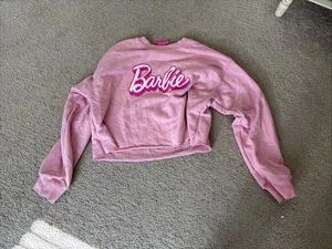 Barbie Sweatshirt Size Large Pink Crop Crewneck Forever 21 Relaxed Fit Raw Hem - Picture 1 of 2