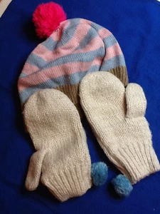 MINI BODEN 3-6Y HAT & MITTENS, (GENTLY USED) PINK/BROWN/BLUE 020924A - Picture 1 of 5