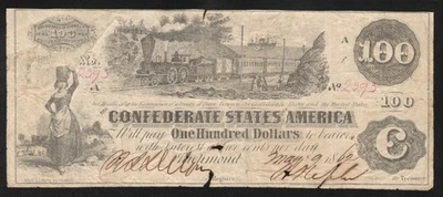 T-39 1862 $100 CONFEDERATE CURRENCY TRAIN NOTE  CIVIL WAR MONEY 2393 - Image 1 of 2