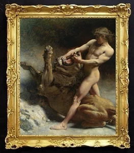 Handmade Old Master-Art Antique Oil Painting male nude Lion on canvas 24"x30" - Picture 1 of 2