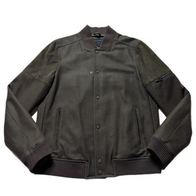 All Saints Men Mission Bomber Khaki Green Wool Suede Patches Jacket L Minimalist - Image 1 of 4