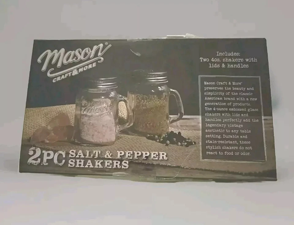 Mason Craft & More 2 Pc Clear Vintage Style Salt & Pepper Shakers w/Handles Lids