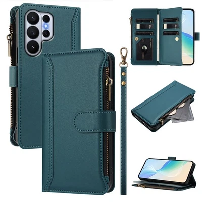 Wallet Case For Various Phone Zipper 9 Card Leather Bag Flip Stand Cover Fashion - Image 1 of 4