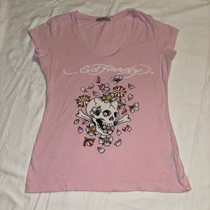 Damen T-Shirt ED HARDY Rosa Totenkopf Rosen Größe M - Bild 1 von 15