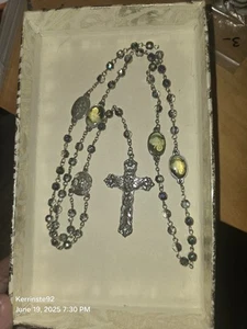 Vtg Creed Signed Silver Tone Iridescent Crystal Beaded Rosary - Picture 1 of 13