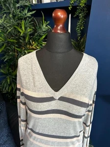 AllSaints 2007 Sport Stripe V-Neck Jumper Tunic Cotton Grey Womens Uk Large - Picture 1 of 5