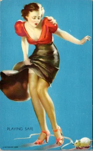 MUTOSCOPE PINUP - "PLAYING SAFE"  - ELVGREN - GG - VINTAGE ARCADE CARD - Picture 1 of 2