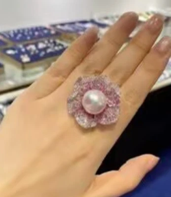 迷人的 12-13 毫米南海圆形白色珍珠戒指 925s(t) — 第 1/3 张图片
